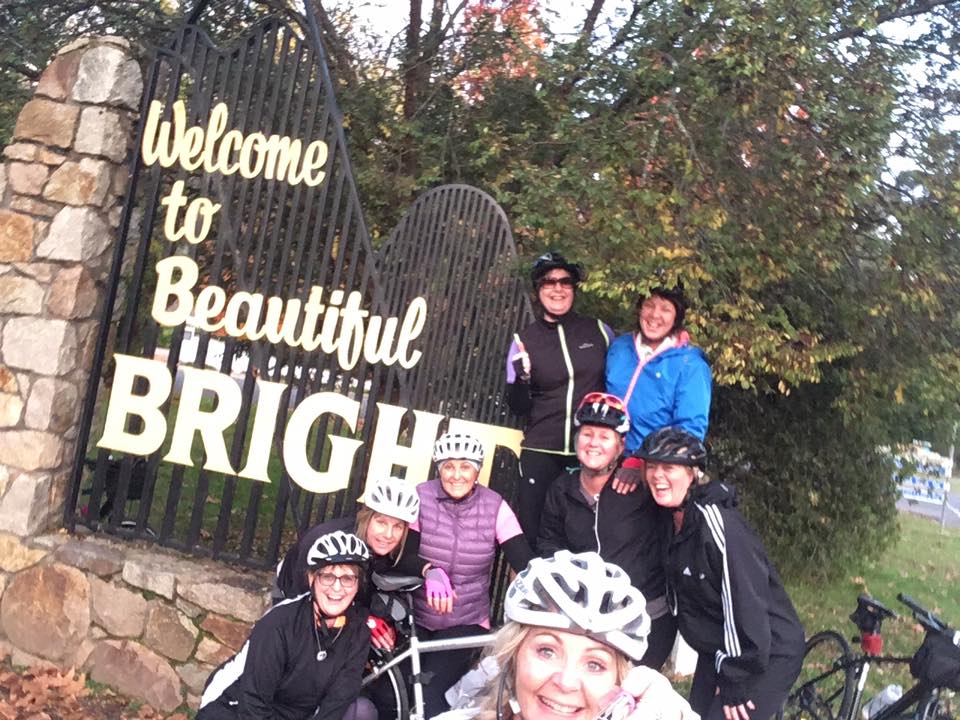 Group finishing Murray to Mountains rail trail in Bright